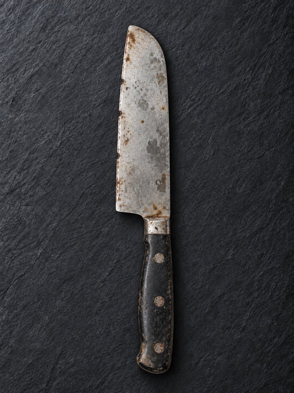 A worn, dull, stained cheap santoku knife